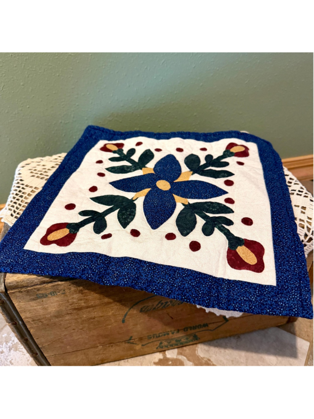 Vintage Quilted Placemat Hand Appliqued Floral Table Mat | Blue Rose Cottagecore